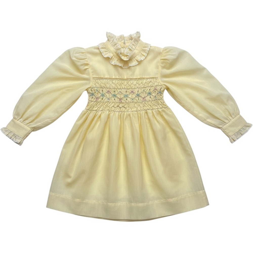 Vintage Yellow Smocked Floral Embroidered Ruffle Dress Size 5 USA cottage 70s